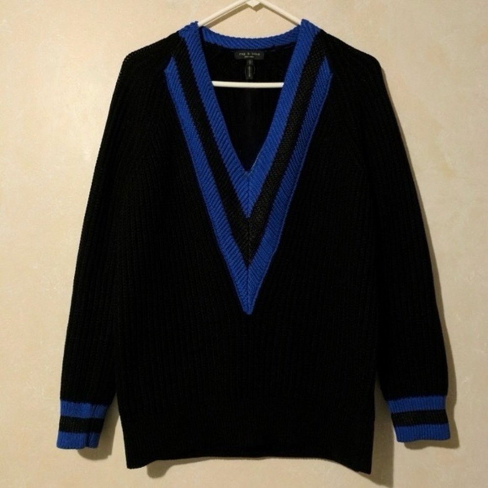 Rag & Bone Talia Black & Blue V-Neck Sweater (Size L)